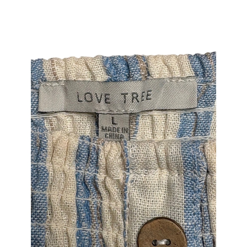 Love Tree Striped Wide Leg Jumpsuit Large Blue White Linen Blend Smocked Coastal - Picture 7 of 9